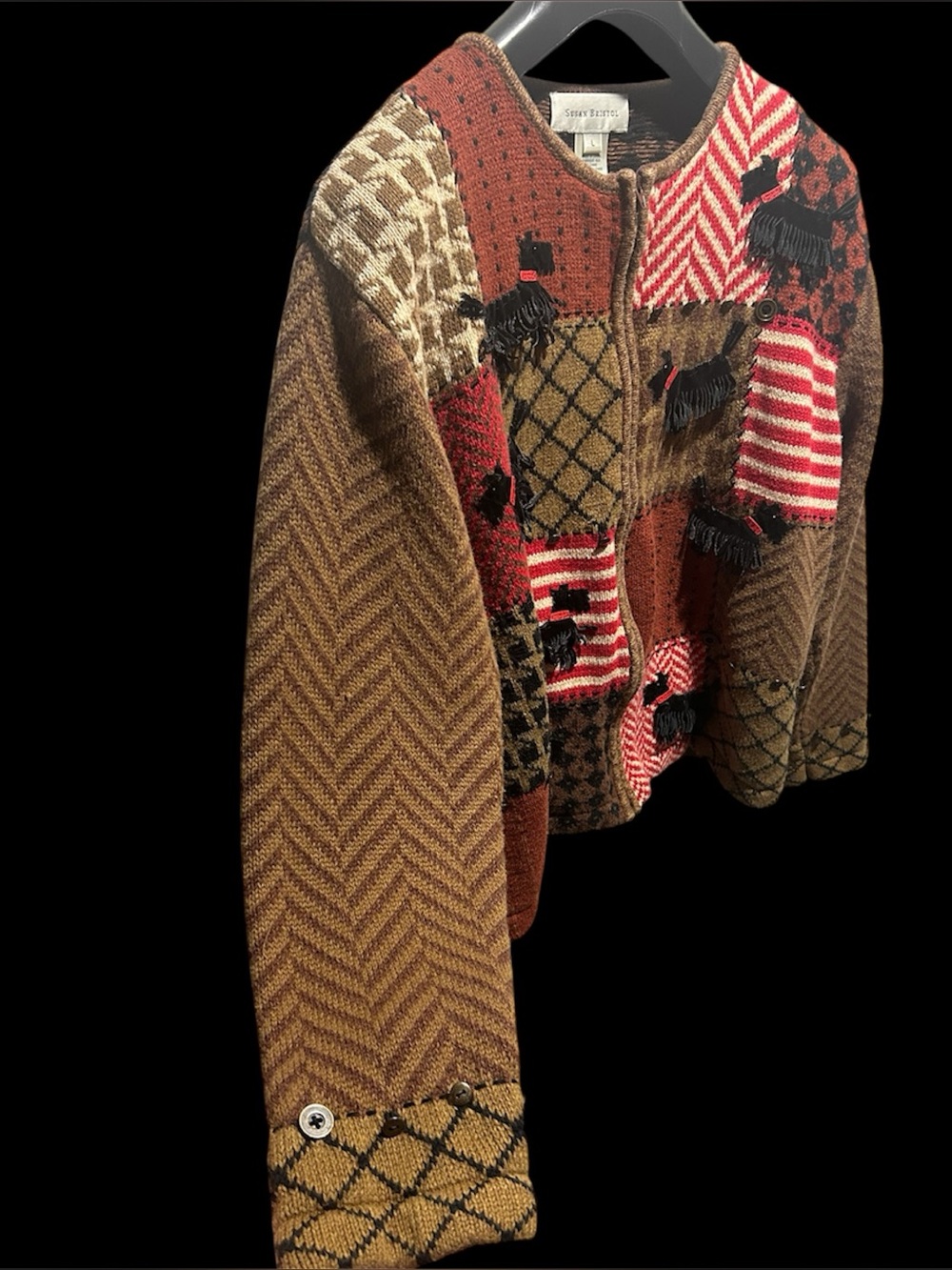 Funky Patchwork Full Zip Cardigan Sweater with Scottish Terrier Appliques